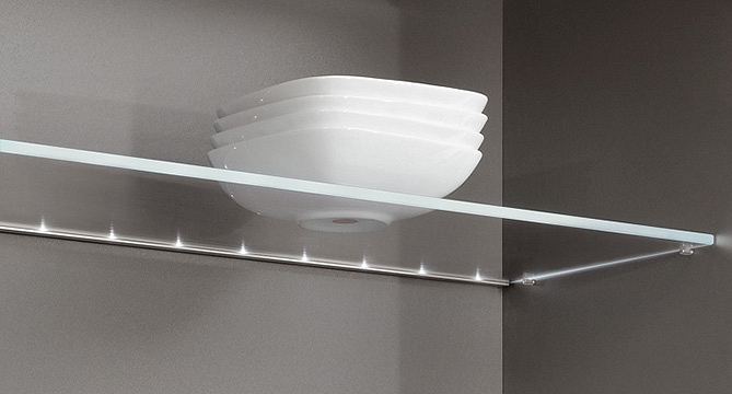 Glass shelf with LED glass edge lighting